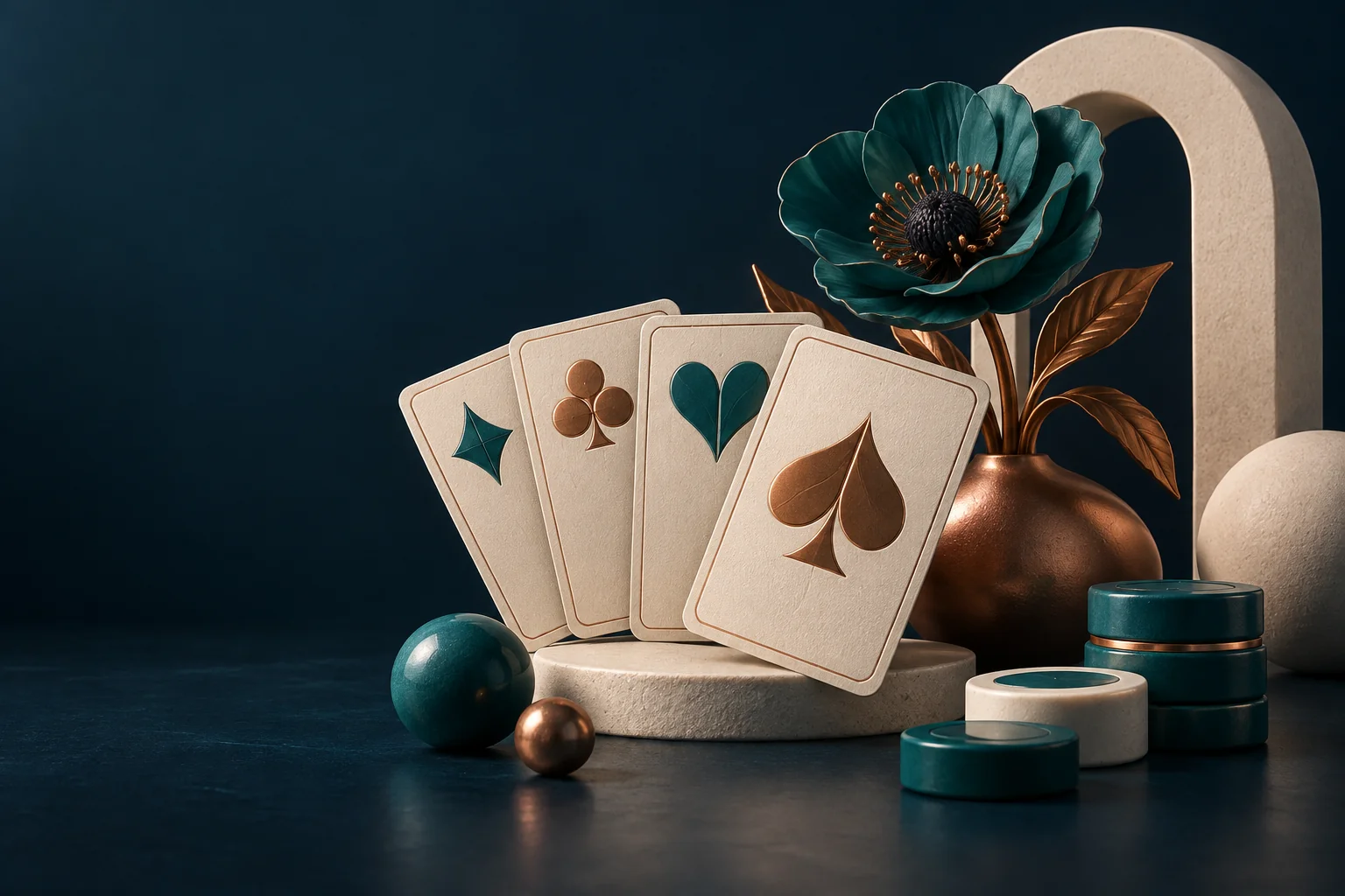 Sculptural playing cards, an anemone flower and ceramic game tokens